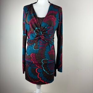 Bisou Bisou vintage Brown w/vibrant mod boho print jersey knit dress size large